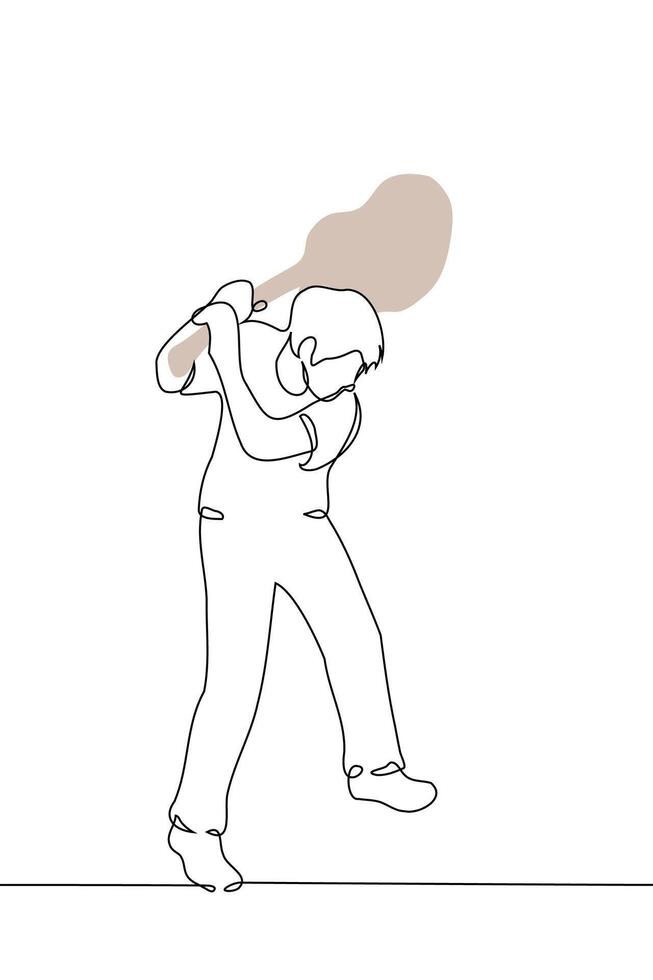 man stands at full height swinging a guitar - one line art . music hater concept, musician hysteria vector