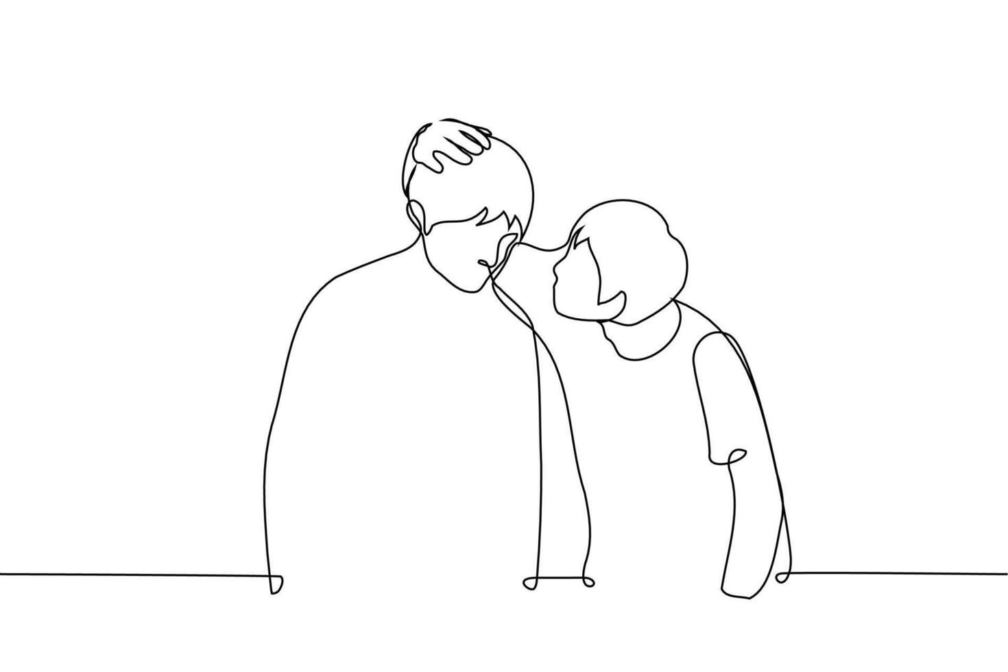 man bends down, strokes his head and looks into the face of a standing sad man - one line . concept of consoling, comforting, petting a friend's head vector