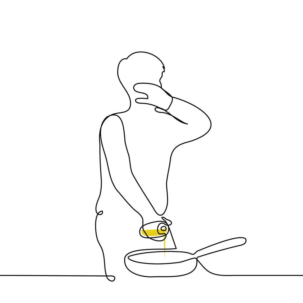 man covers his face with his hand while pouring vegetable oil into a frying pan in front of him, he is afraid of hot steam - one line art. newbie to cooking, bachelor learning to cook vector