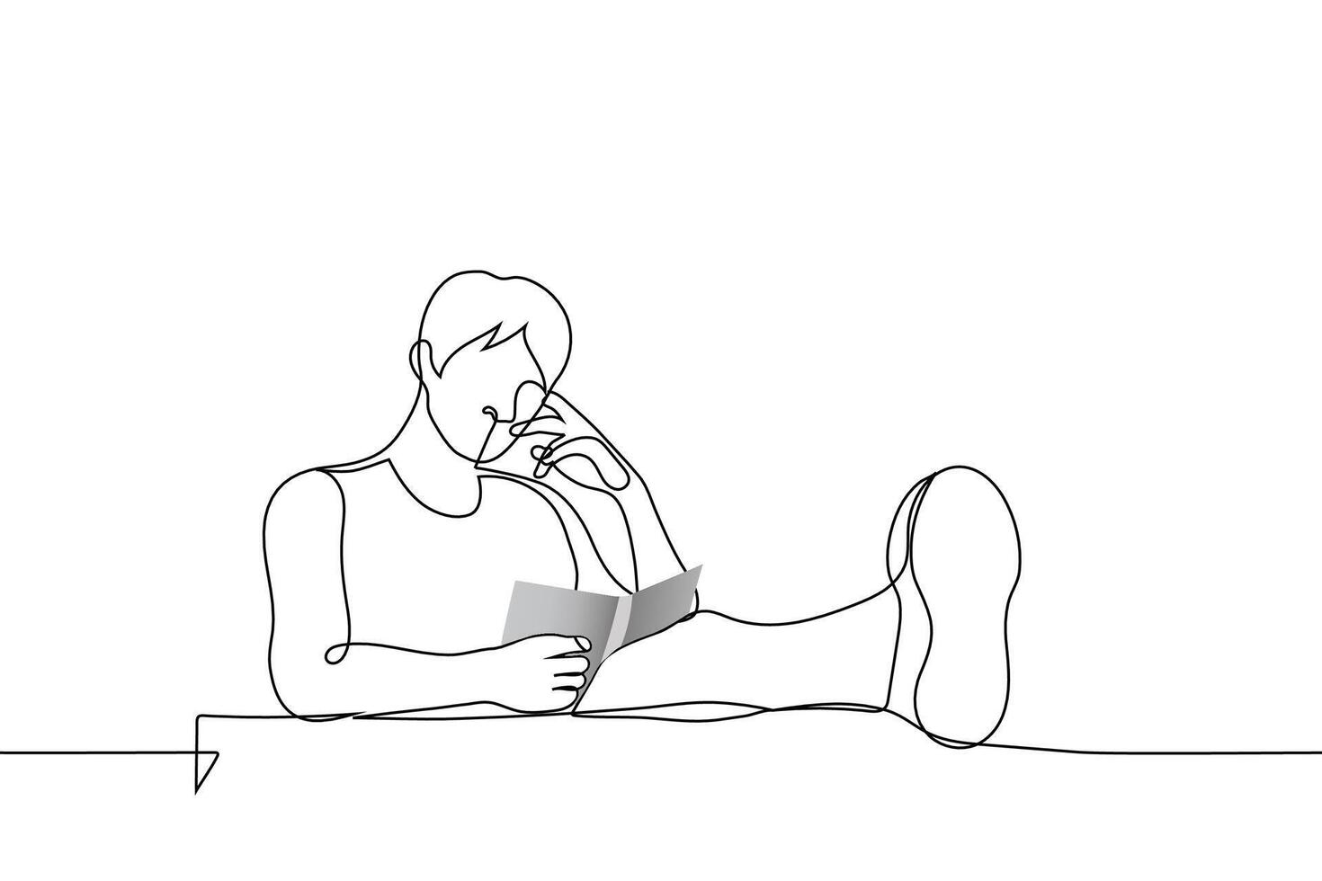man reading sitting with his feet on the table - one line drawing . concept read a paper book at the table vector