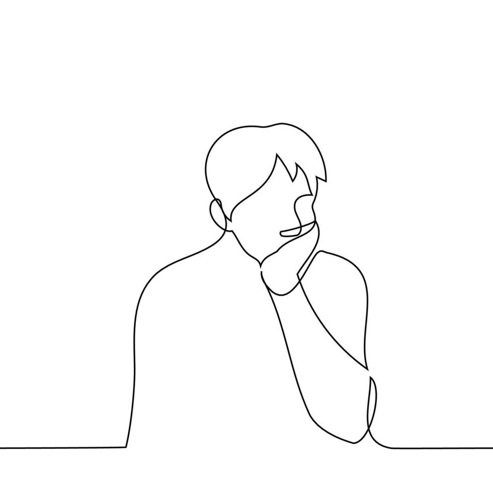 man props up his head with his hand he is in gloomy thoughtfulness - one line drawing . concept unpleasant thoughts, despondency, apathy vector