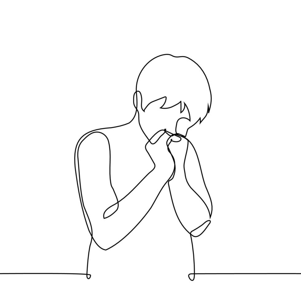 man puts his hands to his face in a praying gesture - one line . concept desperately wishing, praying, affirmations vector