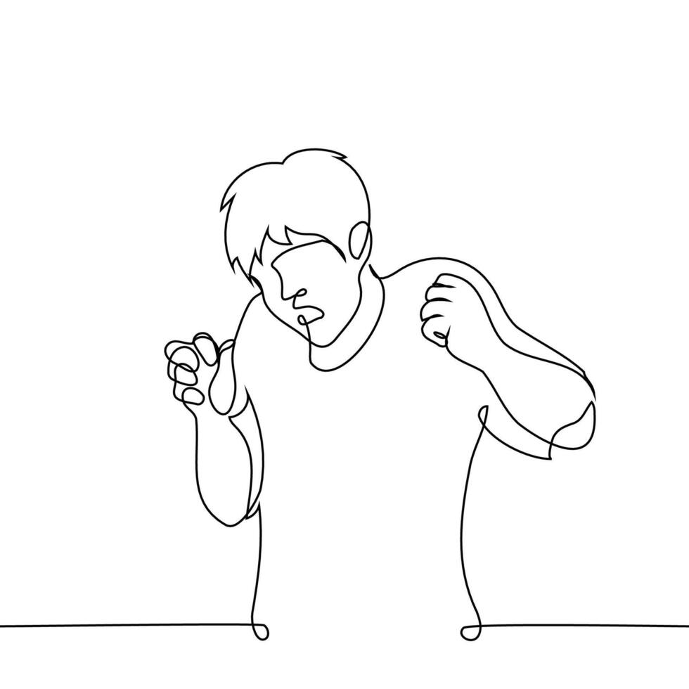 man is scared and looks down with his mouth open and his hands clenched into fists from fear - one line art . concept fear, phobia, disgust and horror vector