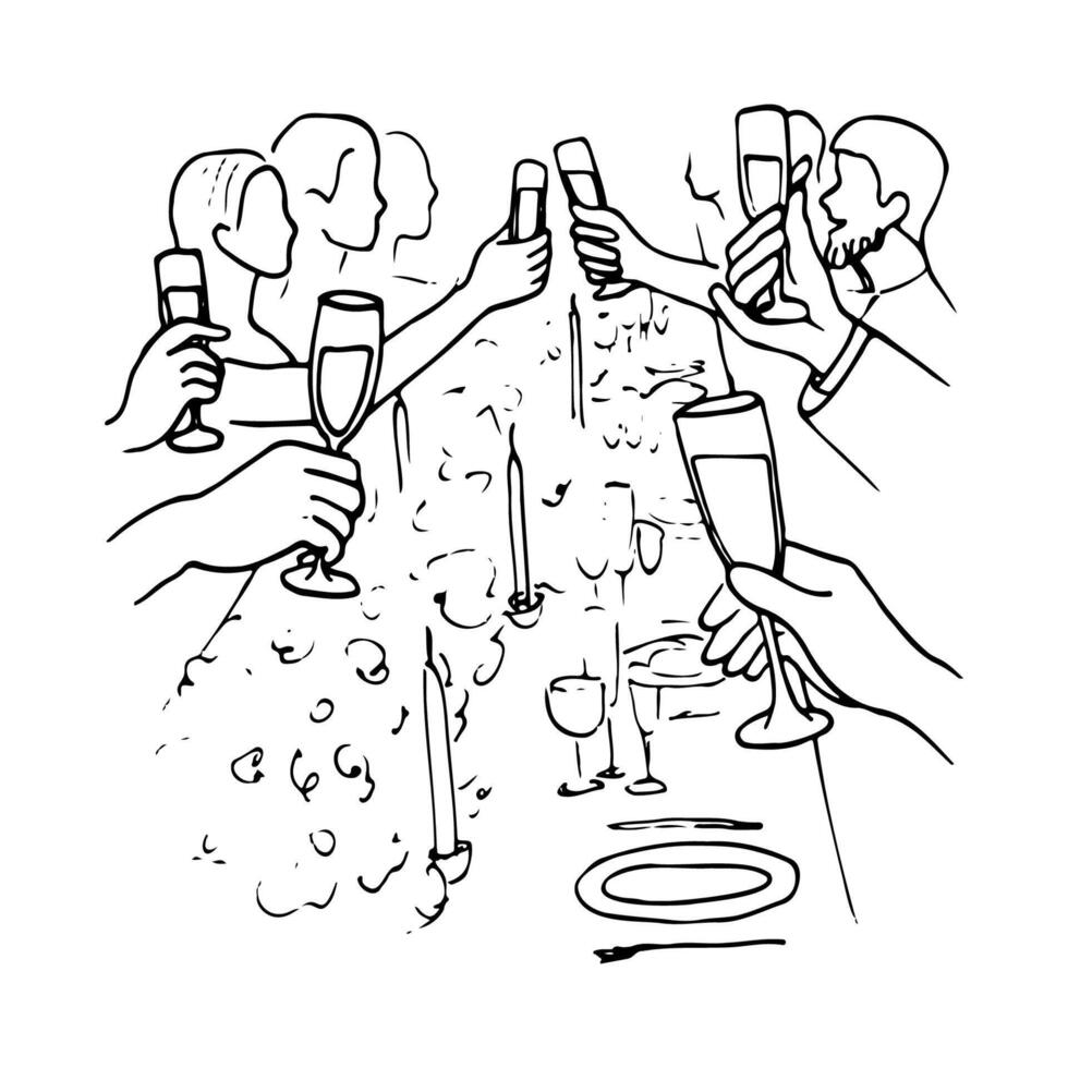 silhouettes of guests with raised glasses of champagne over a table served and decorated with flowers - hand drawn line sketch. wedding, dinner party, special event vector