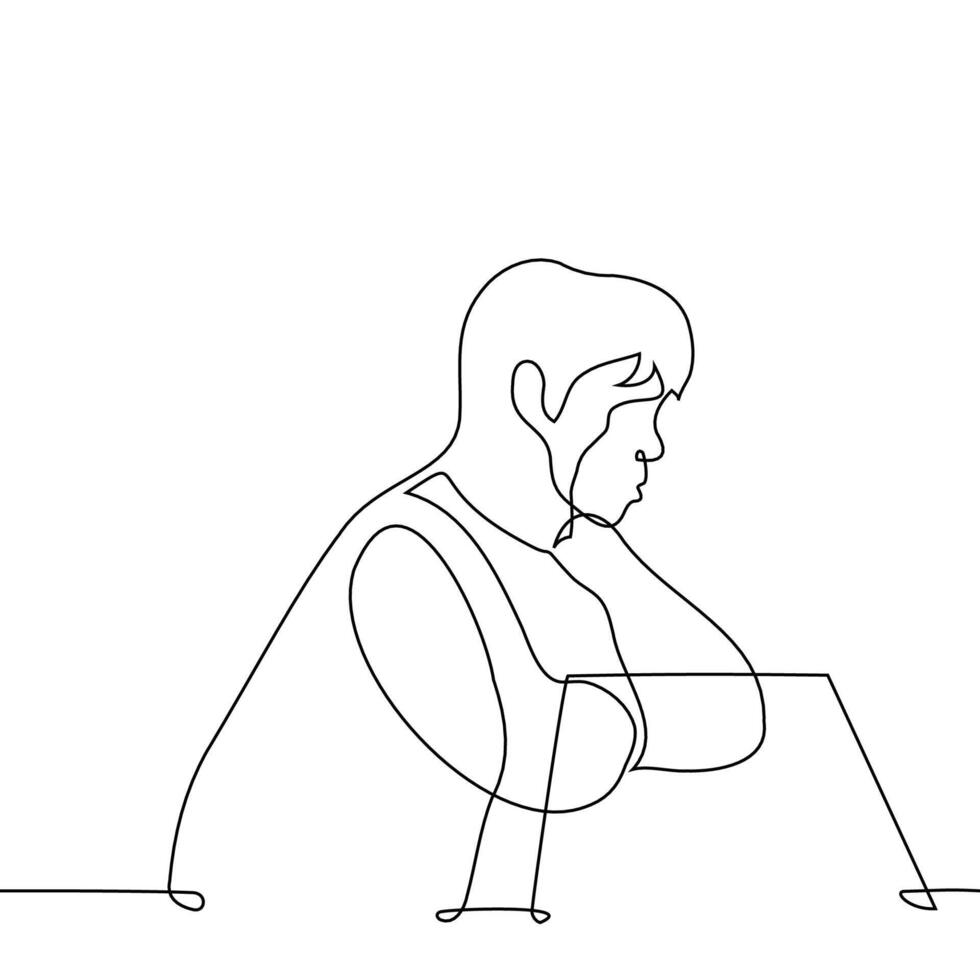 man sitting at the table pouting his lips - one line drawing . concept touchy person vector
