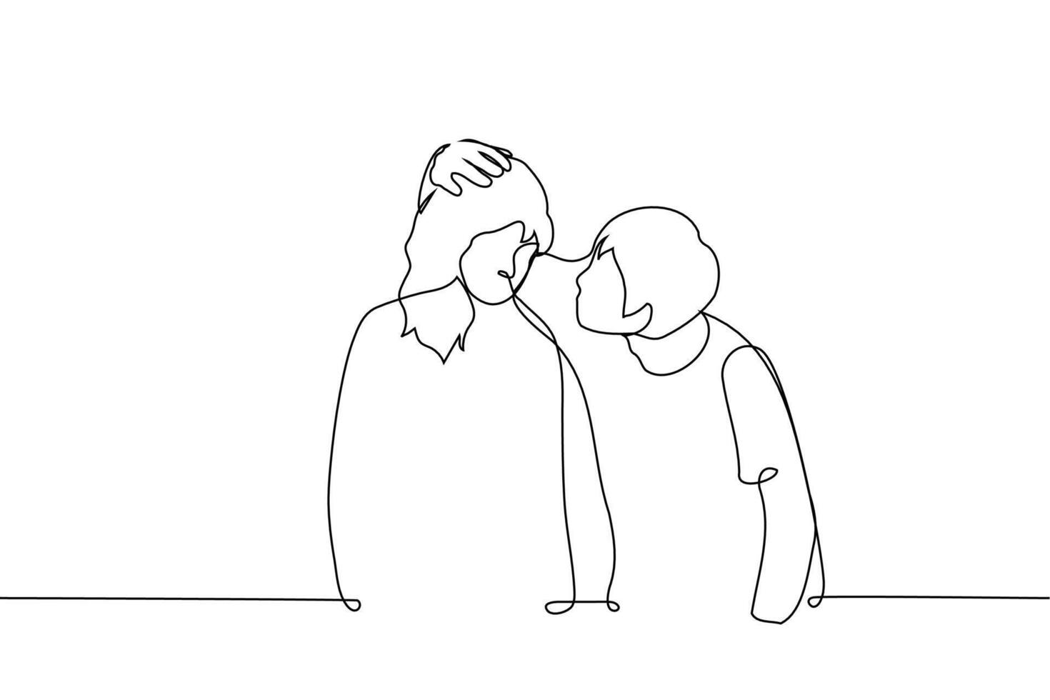 man bends down, strokes woman's head and looks into her face - one line . concept of console, comforting, petting a head vector