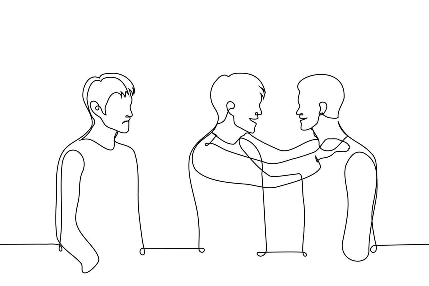 man envies the joyful mutual meeting of two close men - one line art . concept of man hating his boyfriend's male friend, jealous of a friend, man upset about gays vector