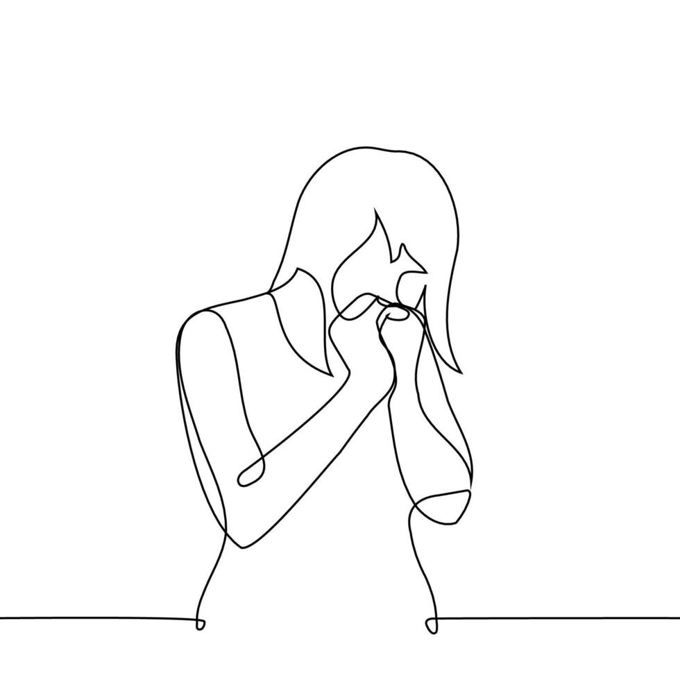 woman puts his hands to his face in a praying gesture - one line . concept desperately wishing, praying, affirmations vector