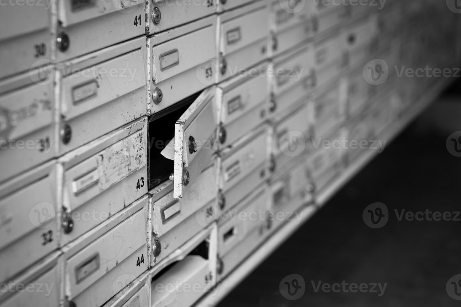 row of white mailboxes with one of them open photo