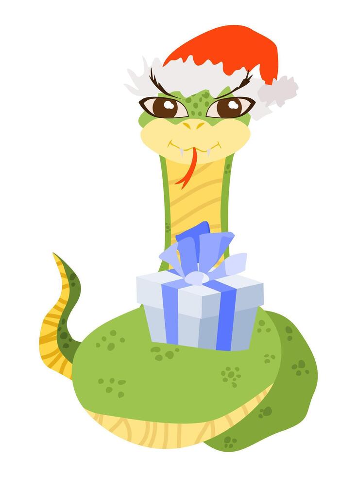 a snake in a New Year's hat a gift coiled near him vector