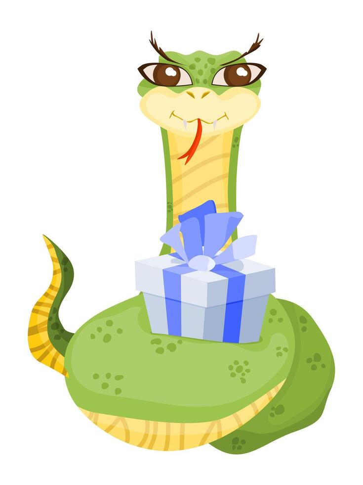 snake character wrapped a gift with a blue bow new vector