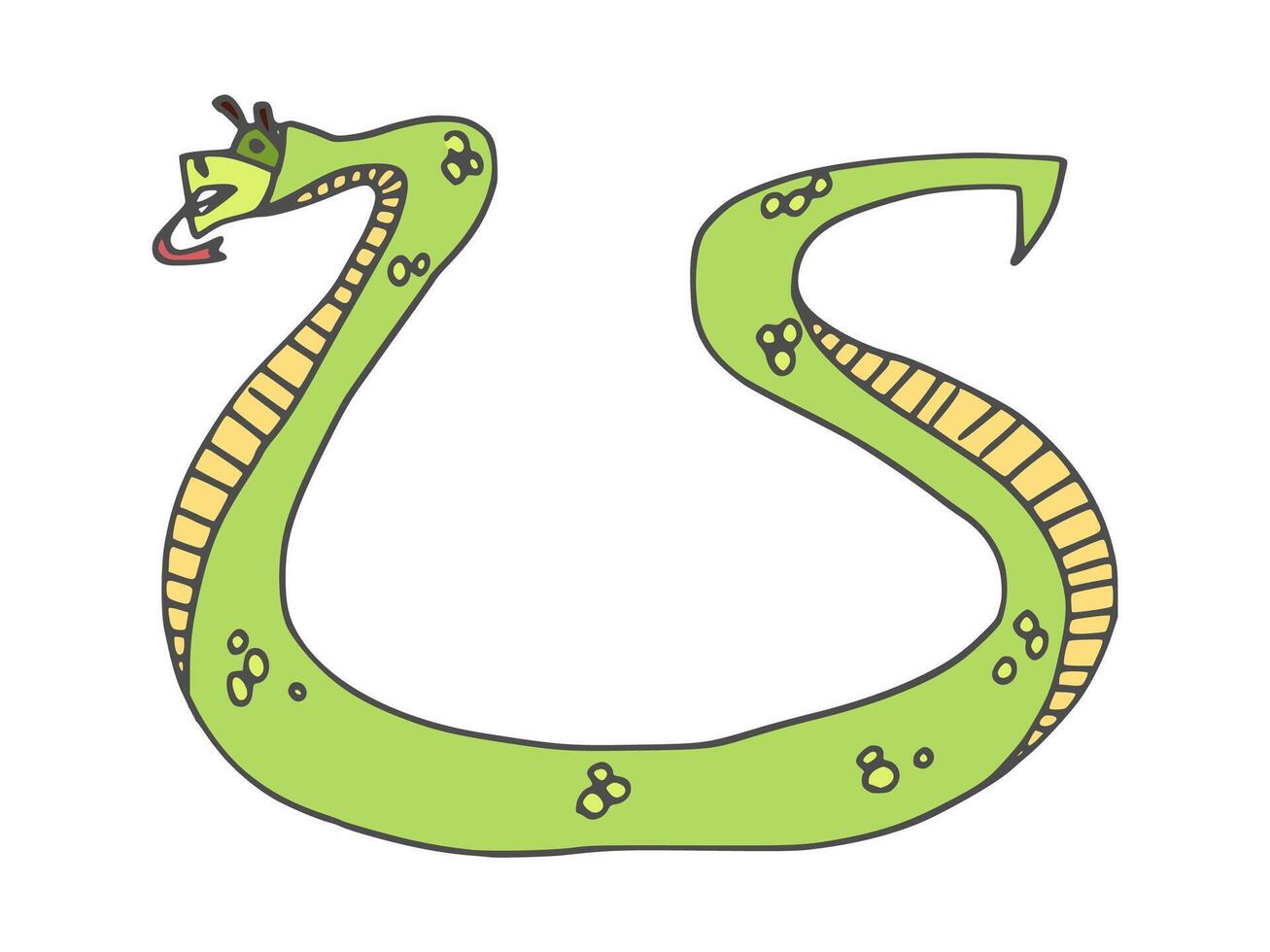 funny snake doodle character animal green color vector