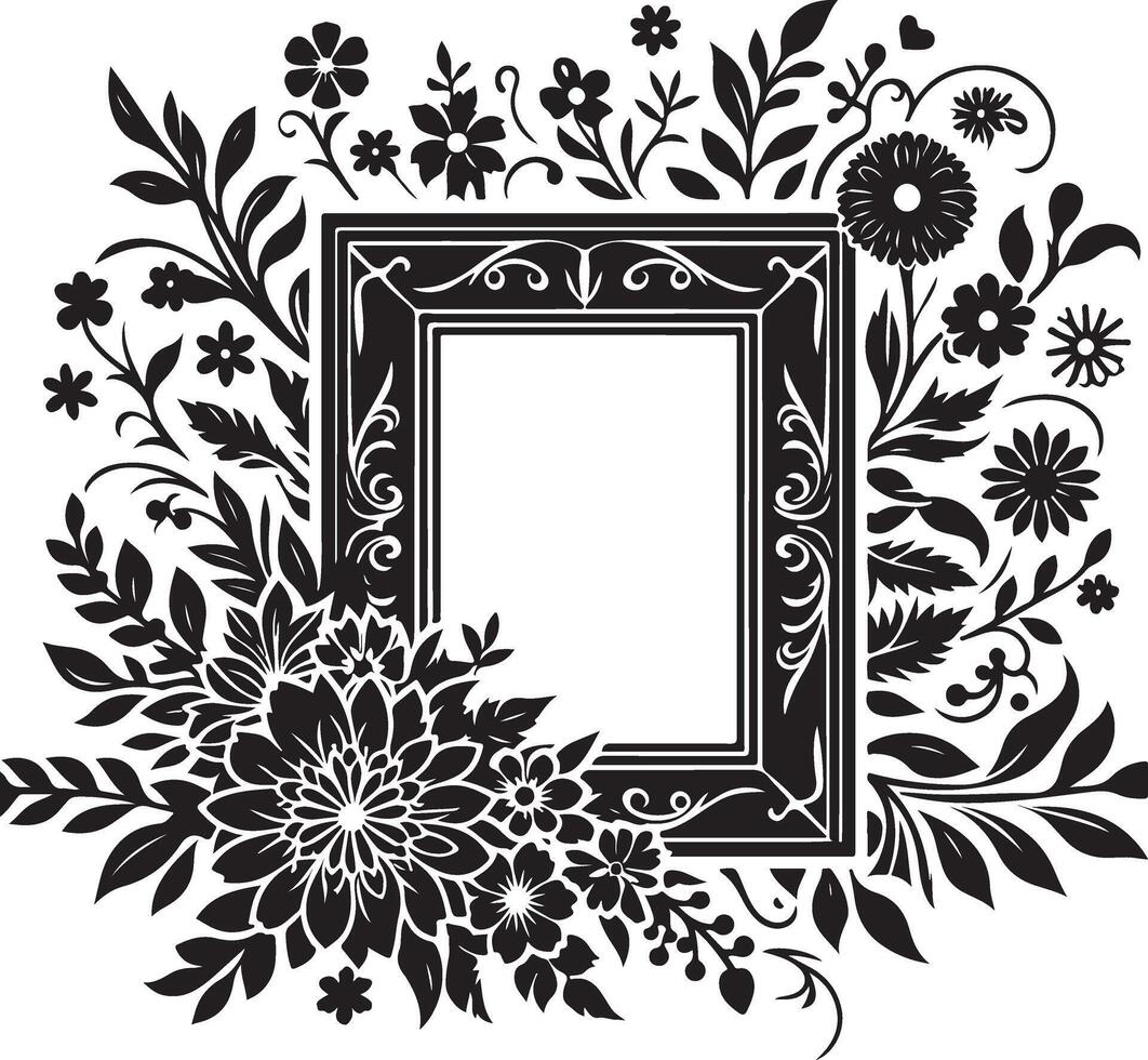 Romantic Black Silhouette Photo Frame with Graceful Floral Ornamentation vector