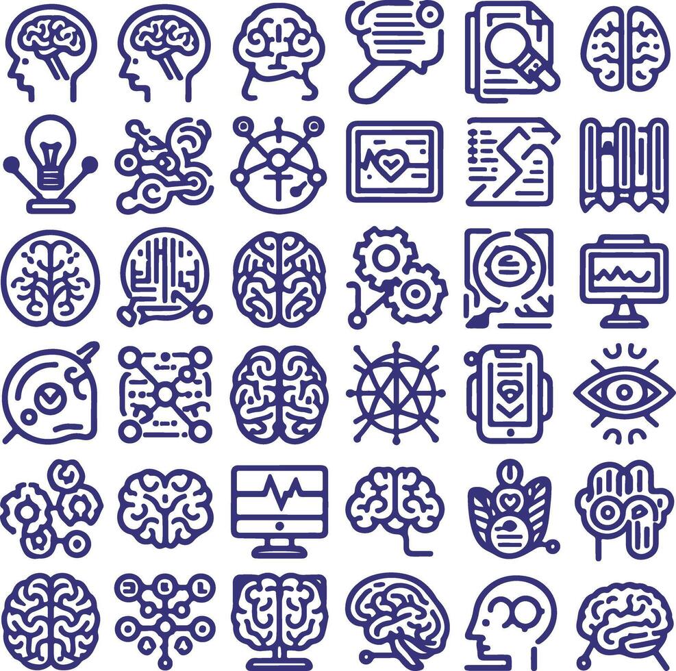 30 Outline Icons Representing Brain Health, Function, and Anatomy in Linear Style vector