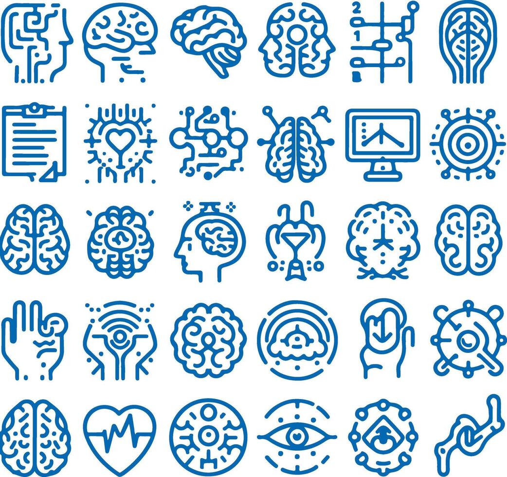 Set of 30 Linear Icons Illustrating Brain Functions and Anatomy in Silhouette Design vector