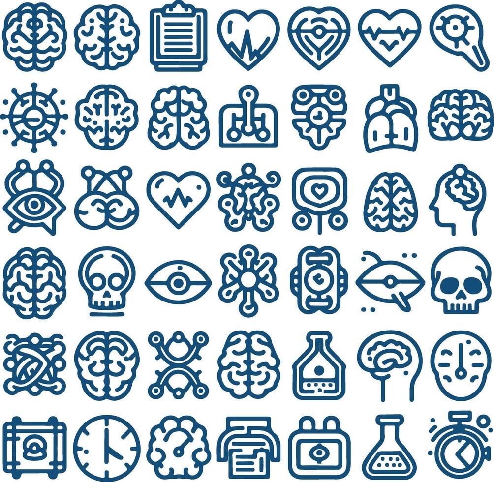 30 Outline Icons Representing Brain Health, Function, and Anatomy in Linear Style vector