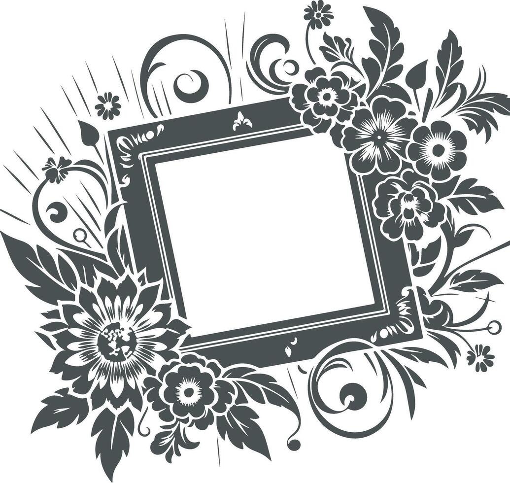 Romantic Black Silhouette Photo Frame with Graceful Floral Ornamentation vector