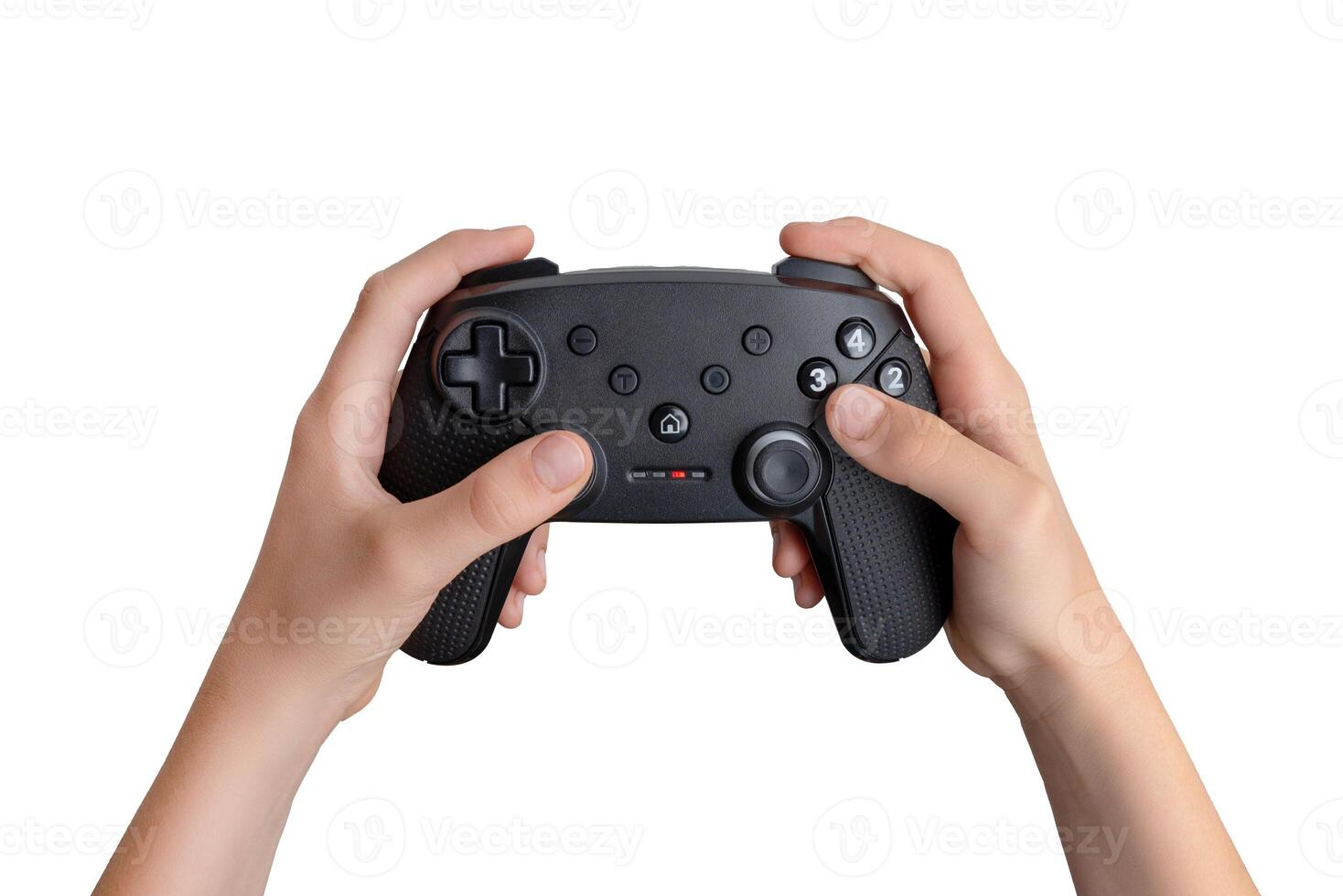 Close-up image of a child holding an isolated gamepad. Ideal for content on gaming, kids, technology, and family entertainment photo