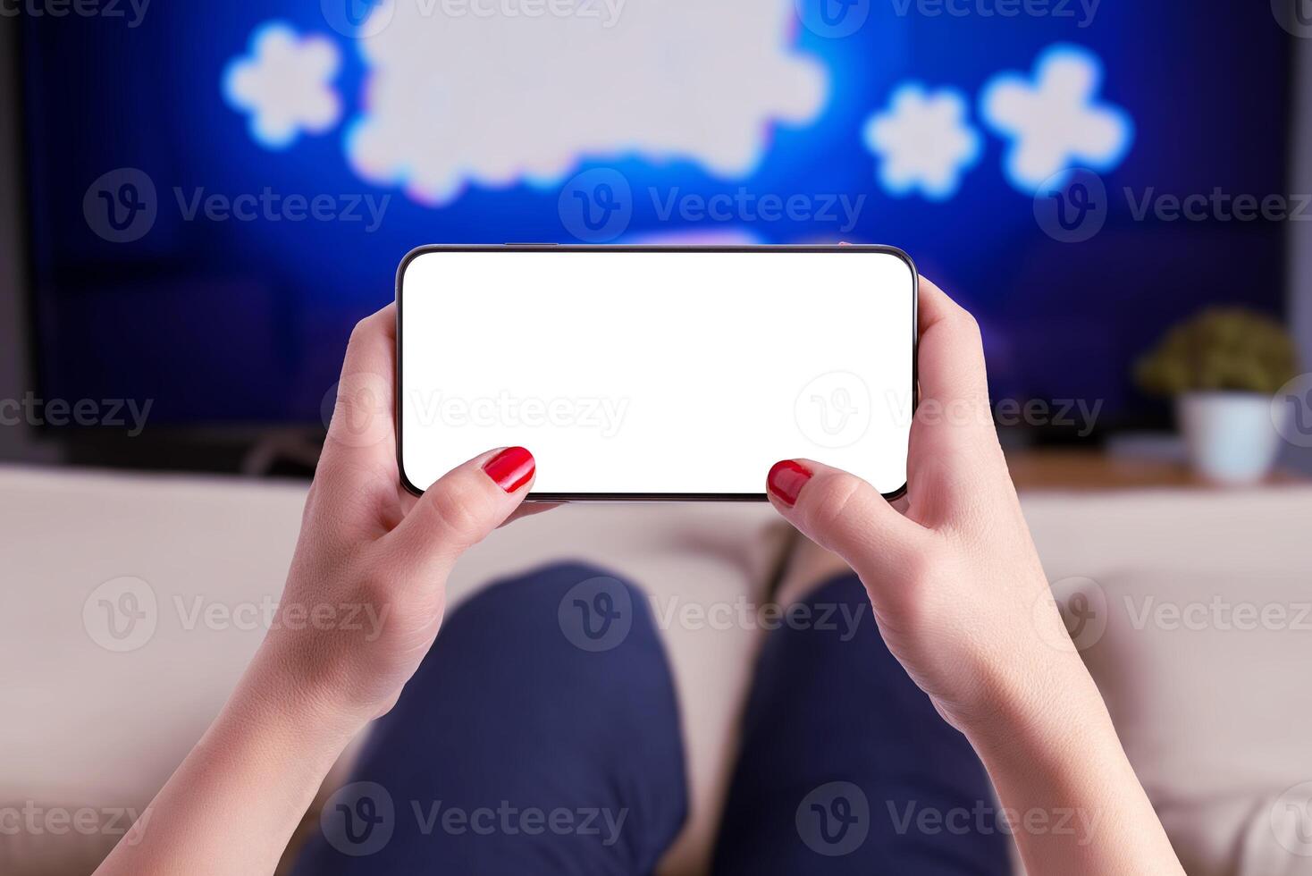 Holding a phone mockup horizontally, showcasing an isolated display for game promotion. Ideal for gaming, technology, and app marketing content photo