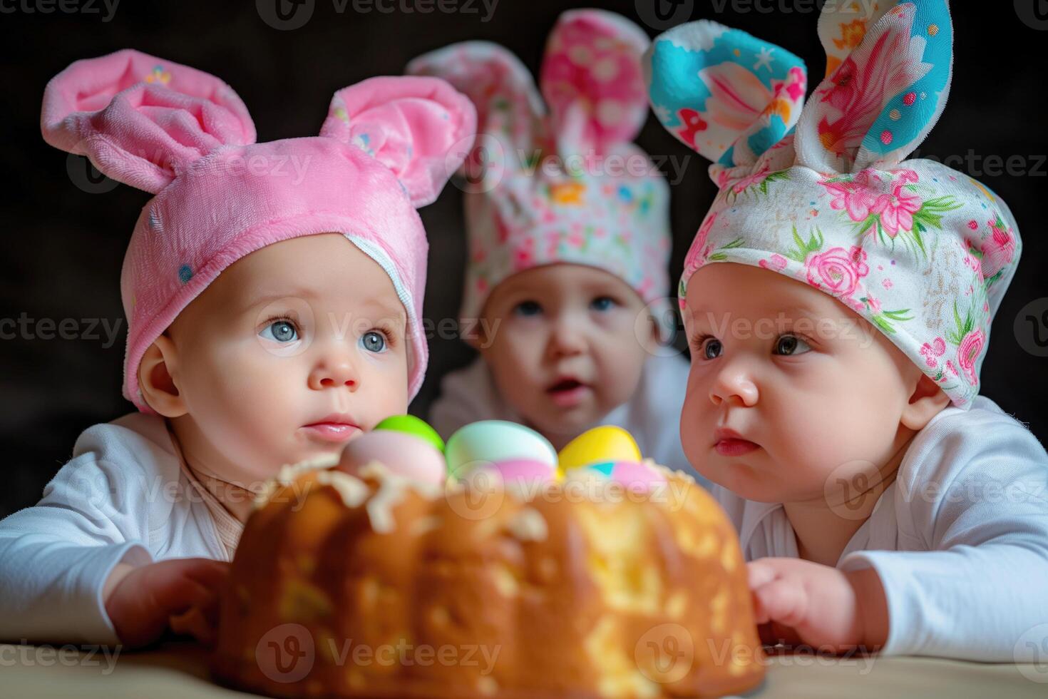 Three cute babies with rabbit ears with Easter cake photo