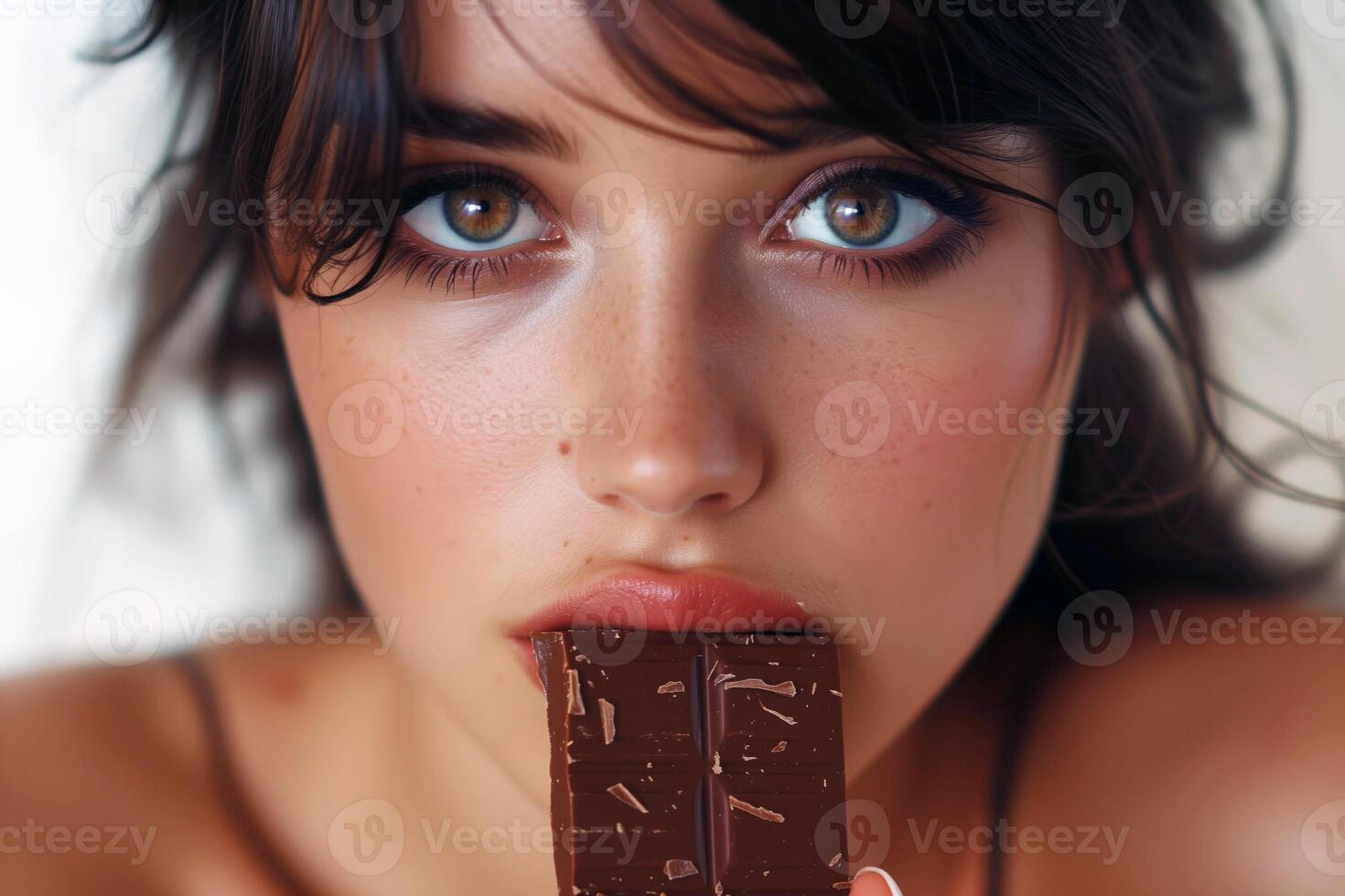 Close up portrait of a beautiful young woman eating a chocolate bar photo