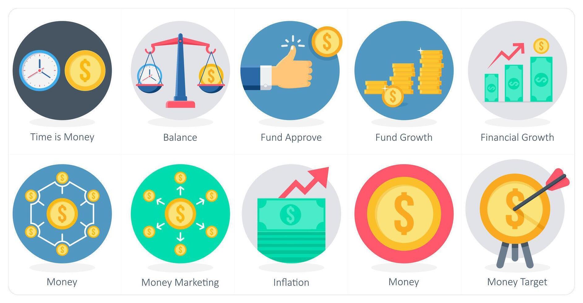 A set of 10 Shopping icons as time is money, balance, fund approve vector