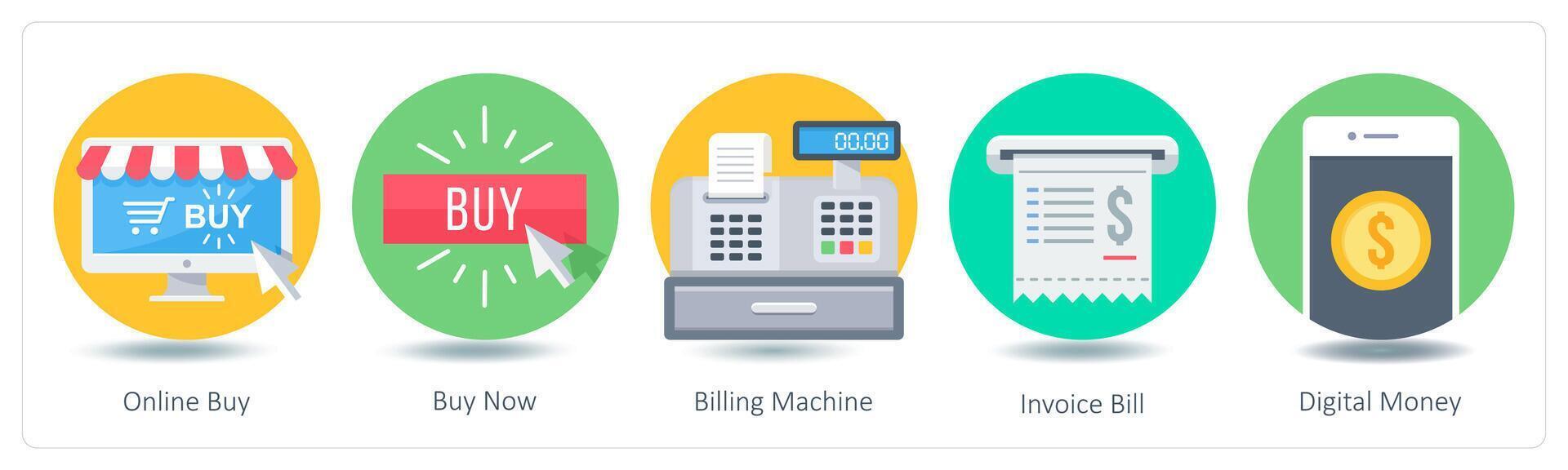 A set of 5 Shopping icons as online buy, buy now, billing machine vector