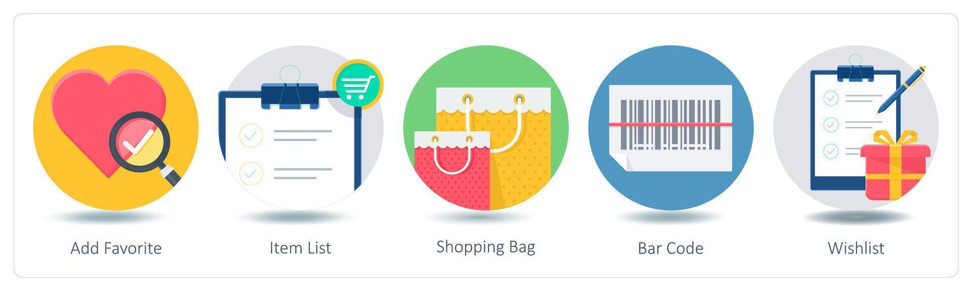 A set of 5 Shopping icons as add favorite, item list, shopping bag vector