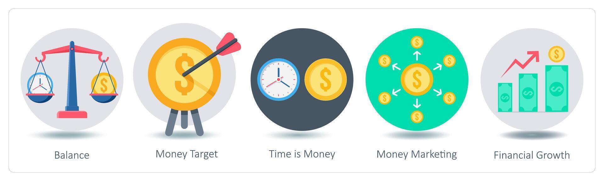 A set of 5 Shopping icons as balance, money target, time is money vector