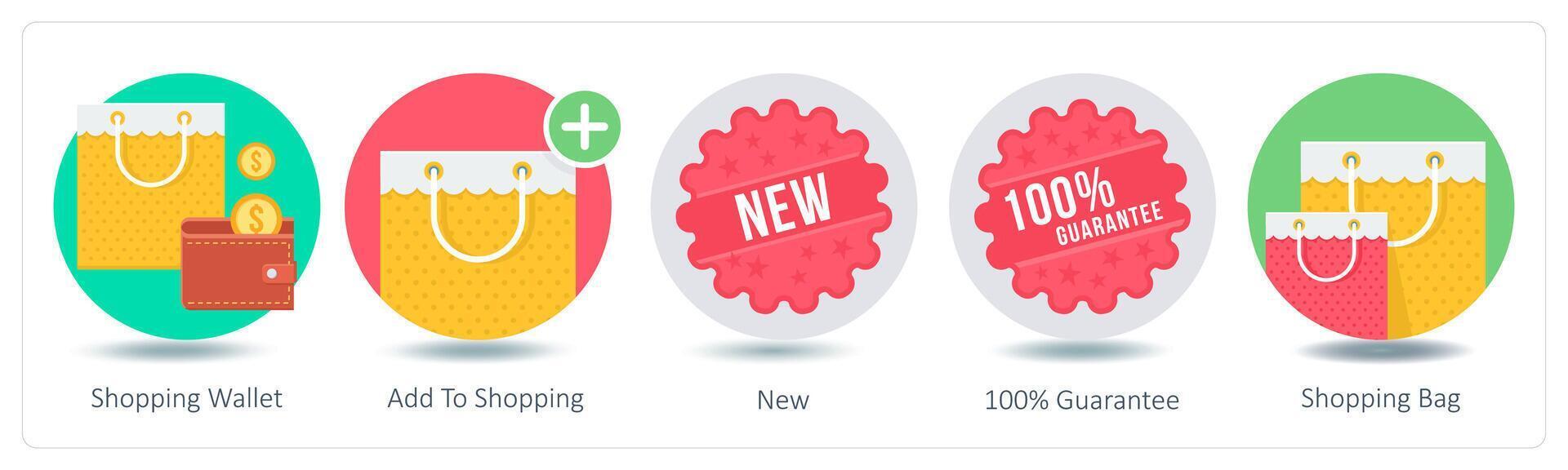 A set of 5 Shopping icons as shopping wallet, add to shopping, new vector