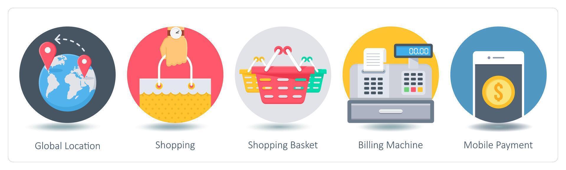 A set of 5 Shopping icons as global location, shopping, shopping basket vector