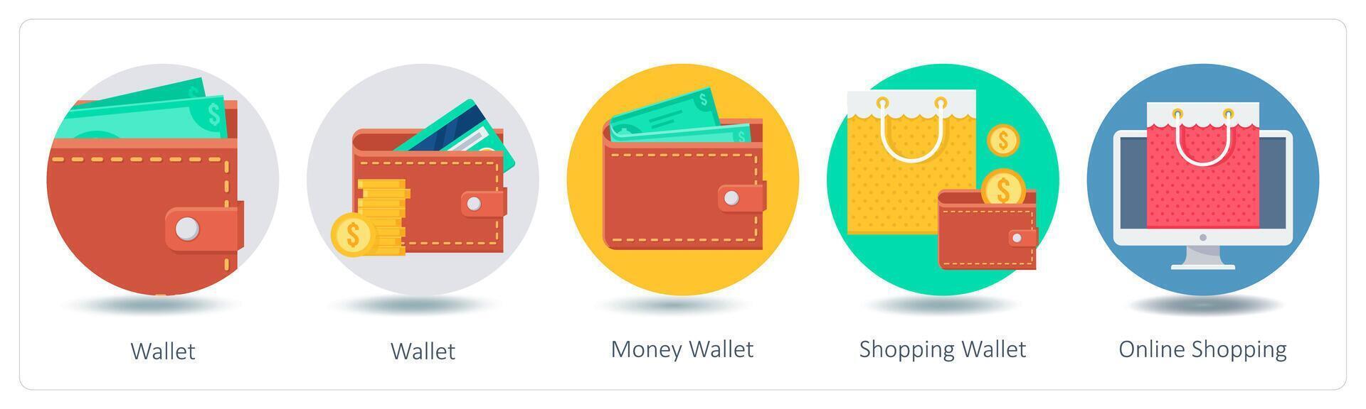 A set of 5 Shopping icons as wallet, money wallet, shopping wallet vector