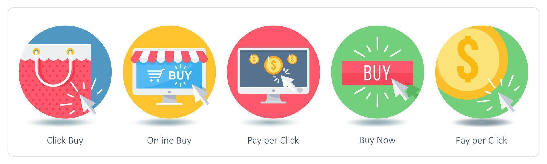 A set of 5 Shopping icons as click buy, online buy, pay per click vector