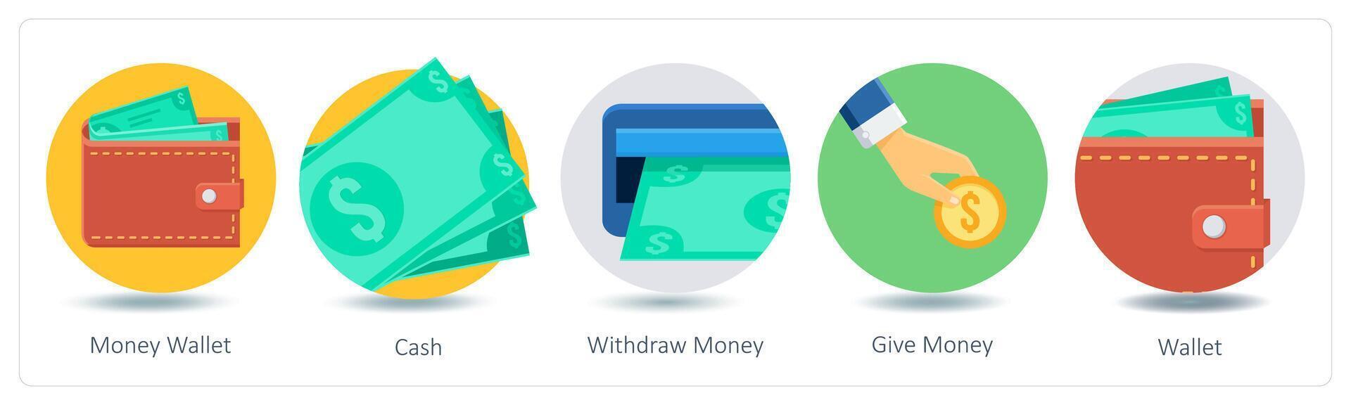 A set of 5 Shopping icons as money wallet, cash, withdraw money vector
