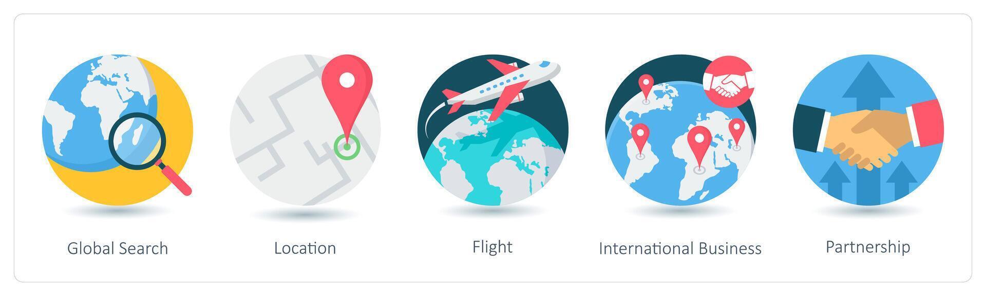 A set of 5 business icons as global search, location, flight vector