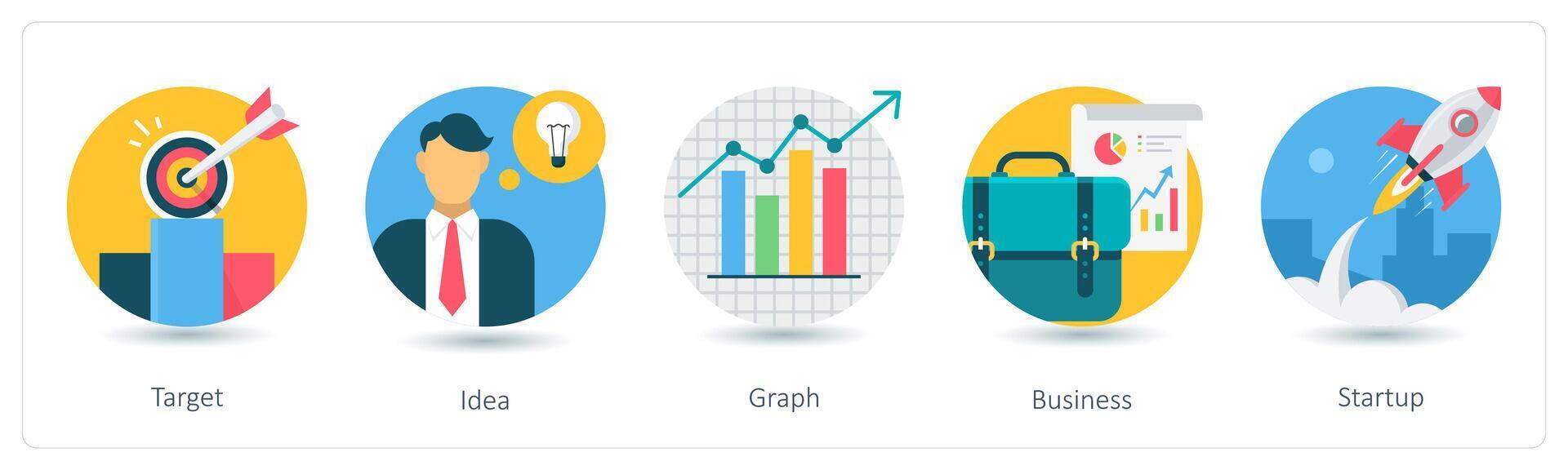 A set of 5 business icons as target, idea, graph vector