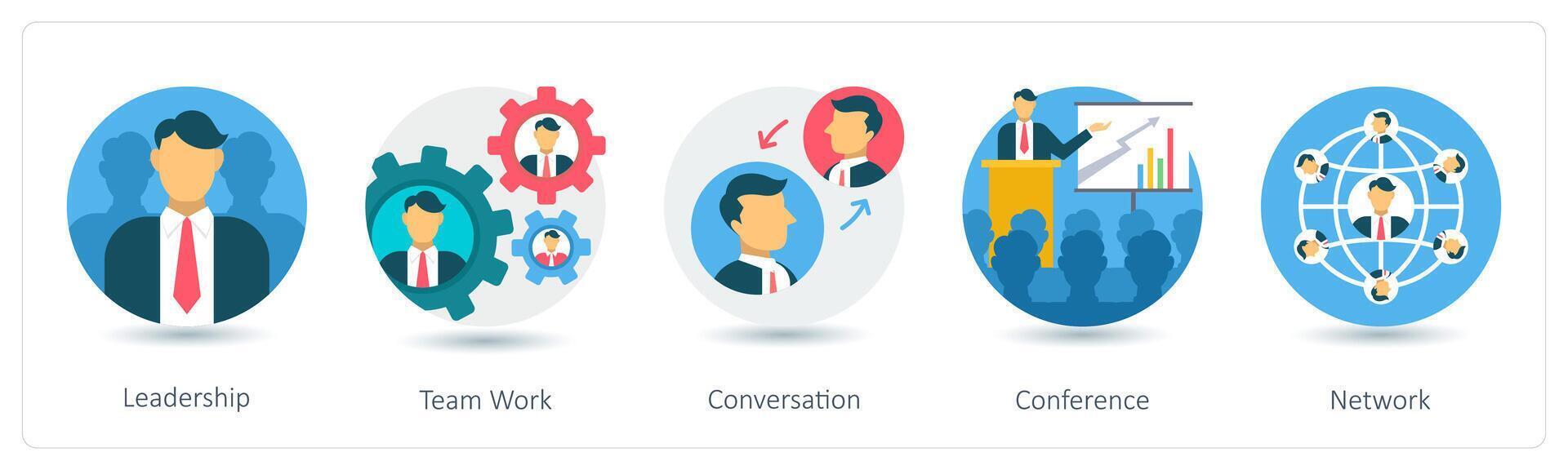 A set of 5 business icons as leadership, teamwork, conversation vector