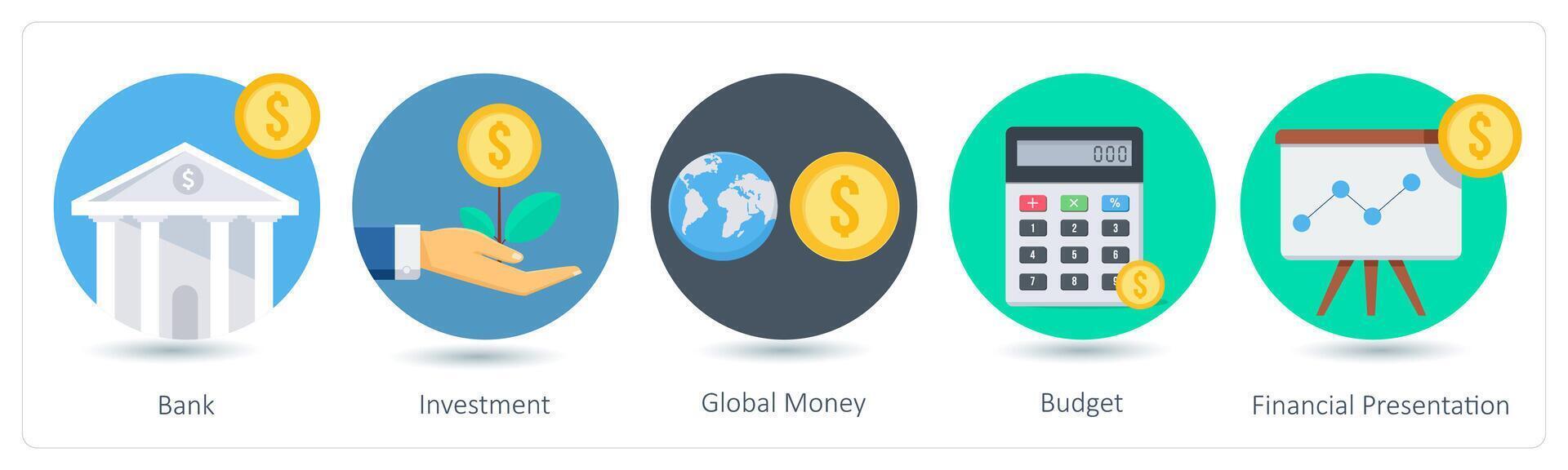A set of 5 business icons as bank, investment, global money vector
