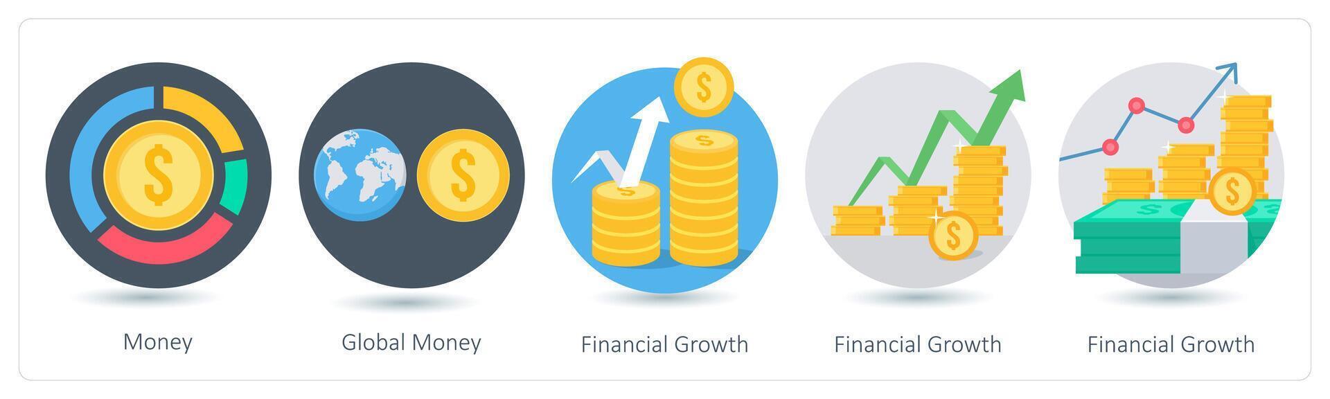 A set of 5 business icons as money, global money, financial growth vector