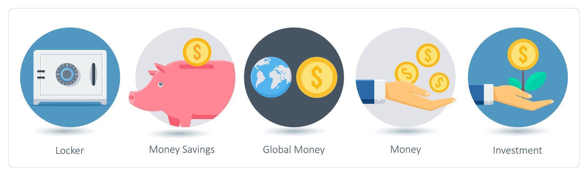 A set of 5 business icons as locker, money savings, global money, vector