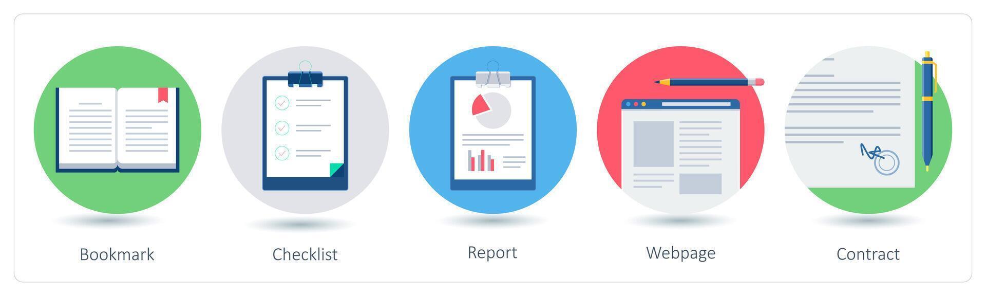 A set of 5 business icons as bookmark, checklist, report vector