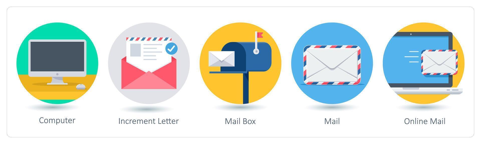 A set of 5 business icons as computer, increment letter, mail box vector