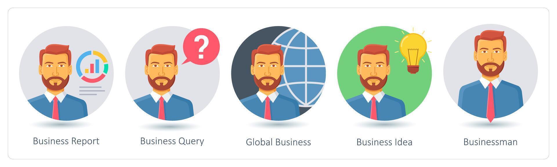 A set of 5 business icons as business report, business query, global business vector