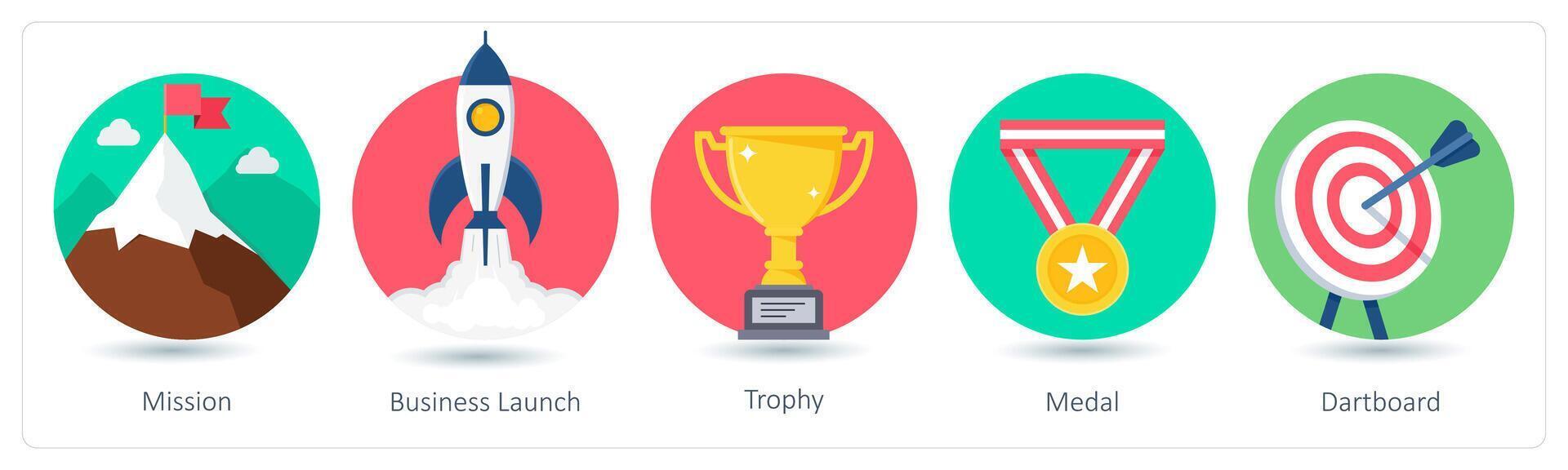 A set of 5 business icons as mission, business launch, trophy vector