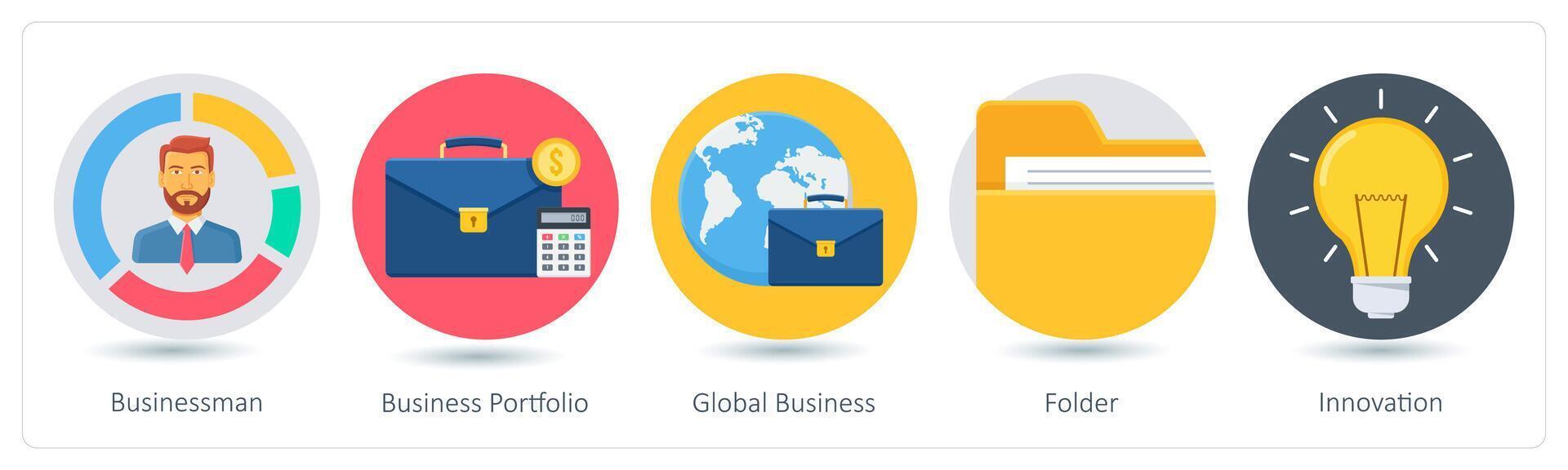 A set of 5 business icons as businessman, business portfolio, global business vector