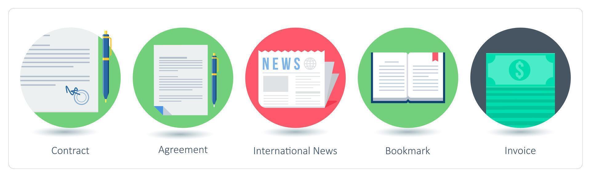 A set of 5 business icons as contract, agreement, international news vector