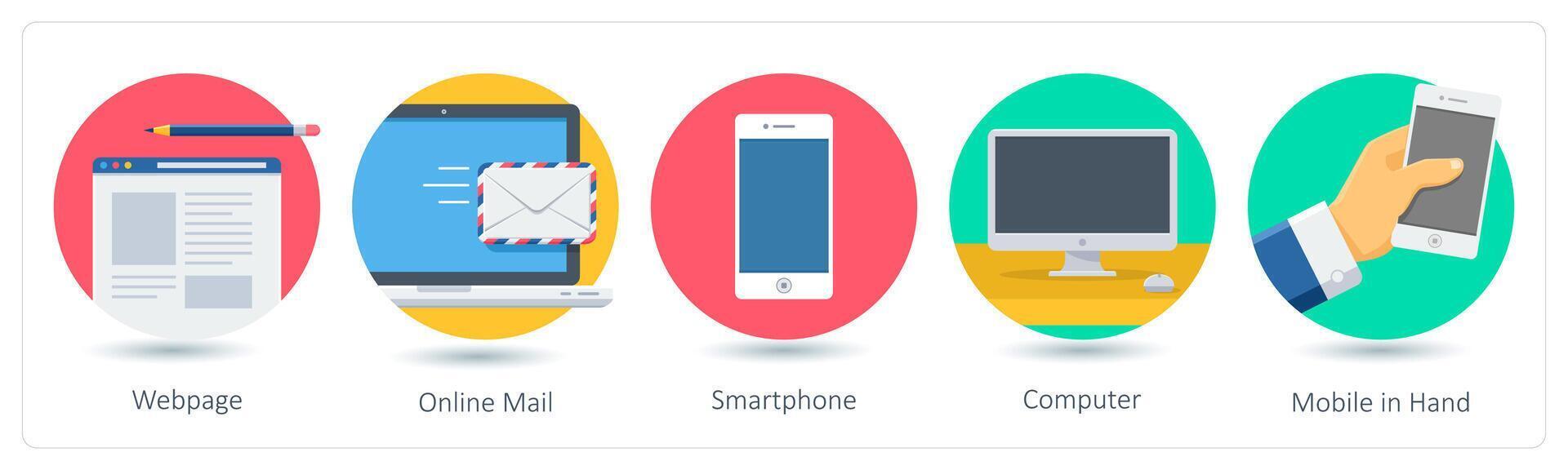 A set of 5 business icons as webpage, online mail, smartphone vector