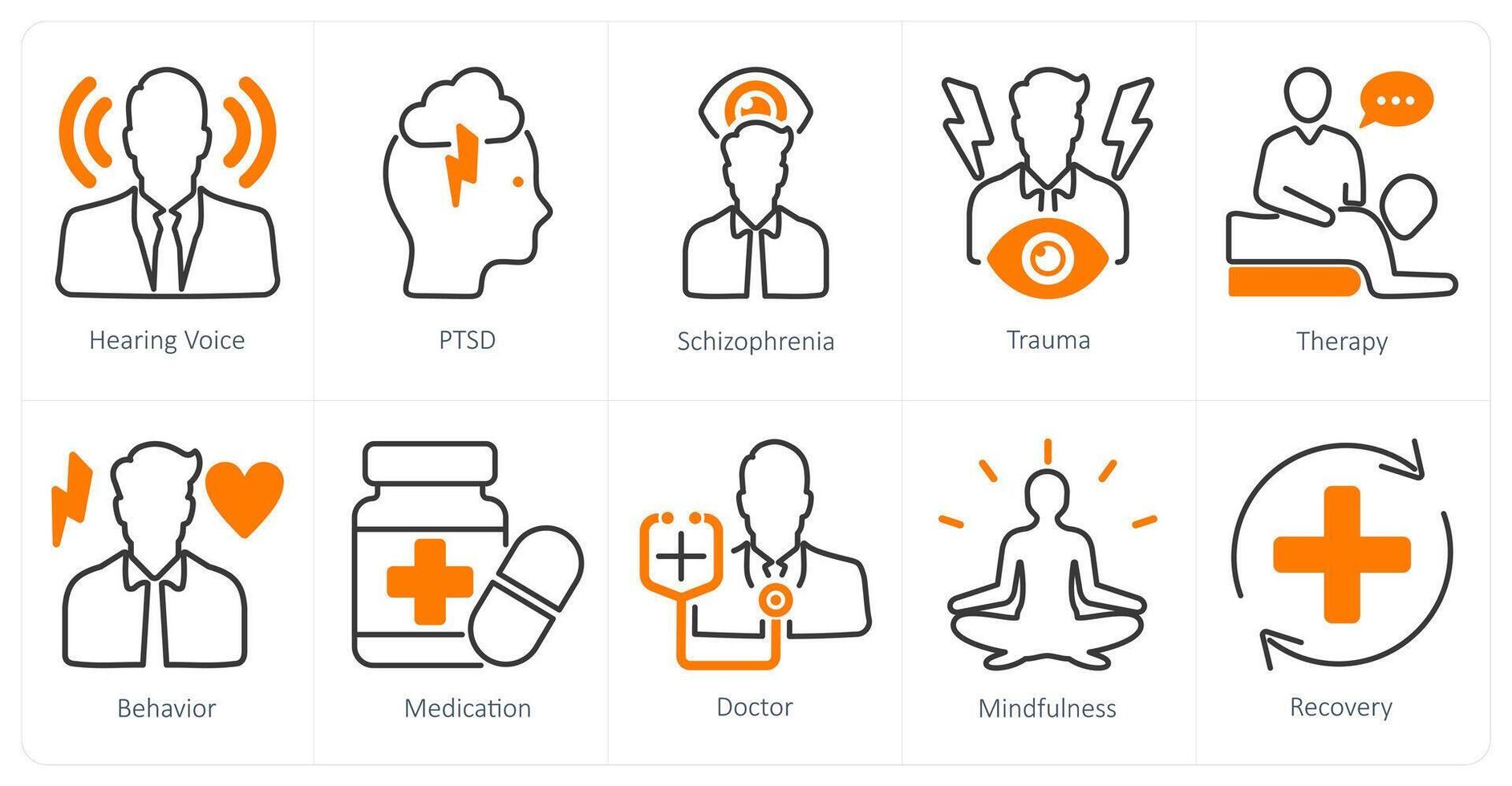 A set of 10 mental health icons as hearing voice, ptsd, schizophernia vector