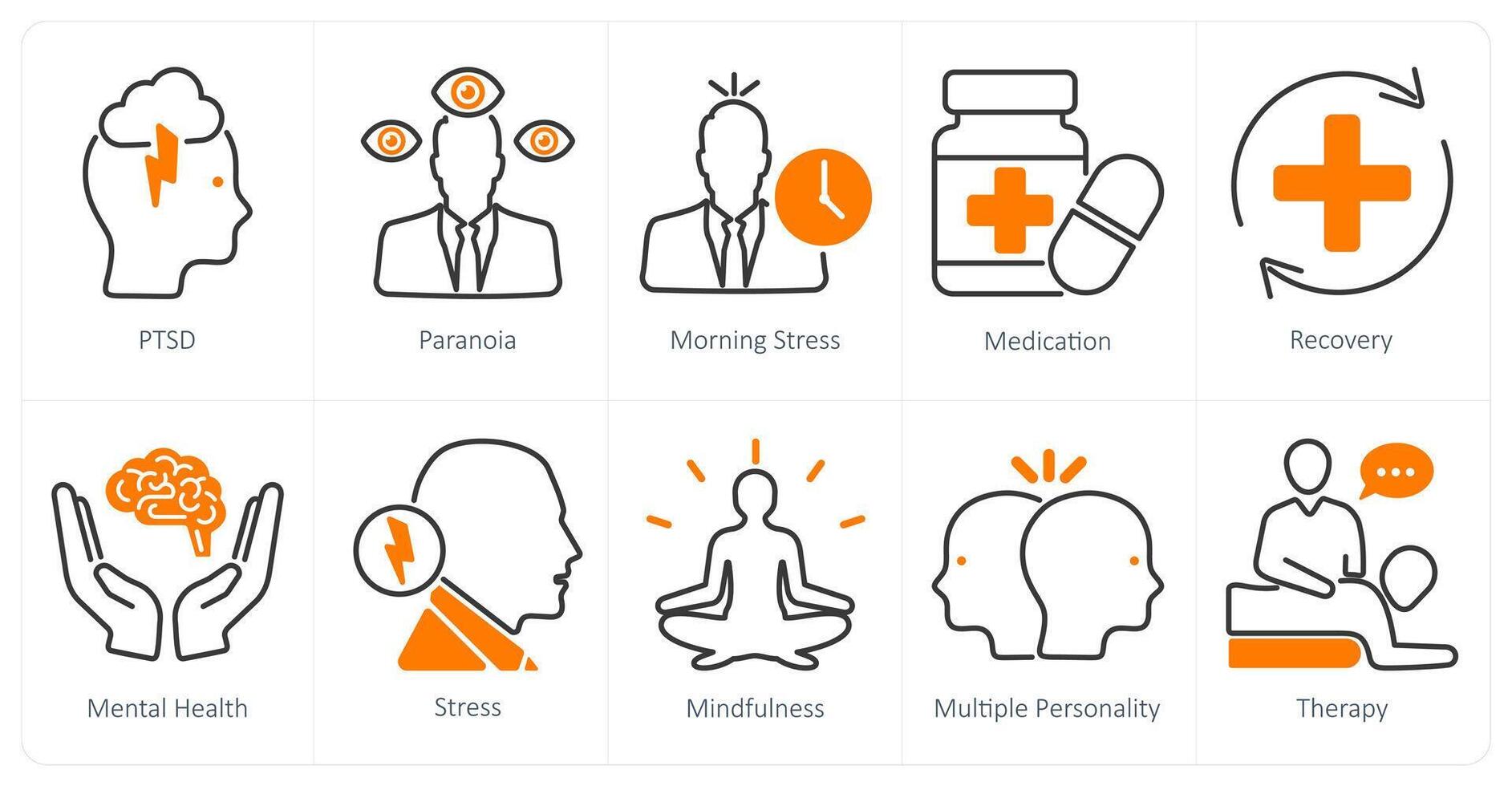 A set of 10 mental health icons as ptsd, paranoia, morning stress vector