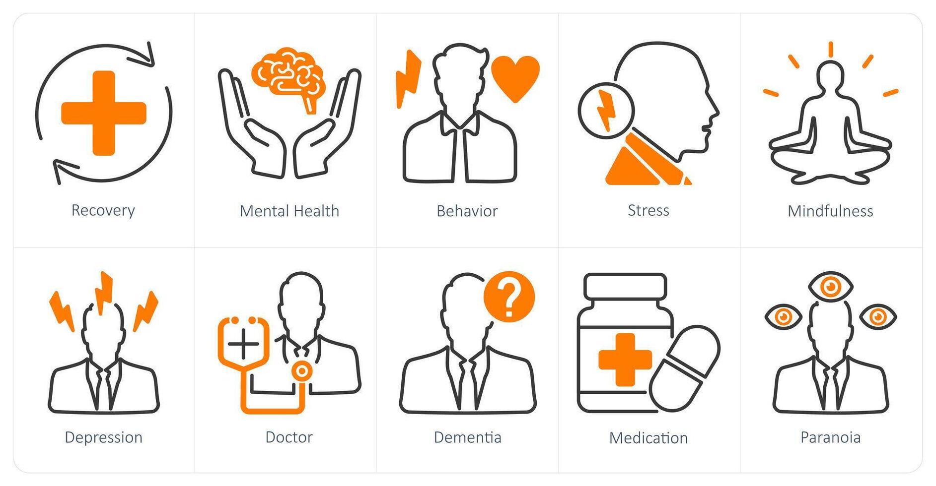 A set of 10 mental health icons as recovery, mental health, behaviour vector